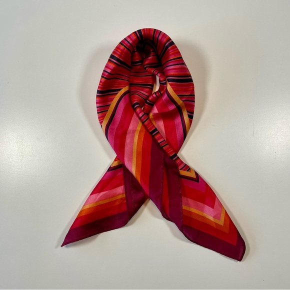 Vintage 1990s Burgundy Pink Orange Red Striped Silk Scarf Square 21x21” - Picture 3 of 9